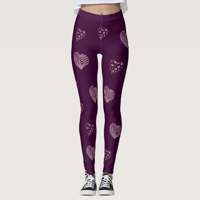 Lila Doodle Hearts Leggings (Vorderseite)