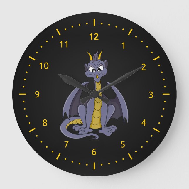 Lila Drache Cartoon Wall Clock Große Wanduhr (Vorderseite)