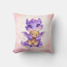 Lila Drache, der Teddybär-Wurfkissen umarmt Kissen