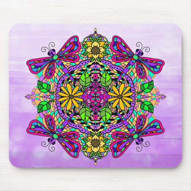 Lila Drachenfliege Mandala Handgezeichnete Kunst Mousepad (Vorne)