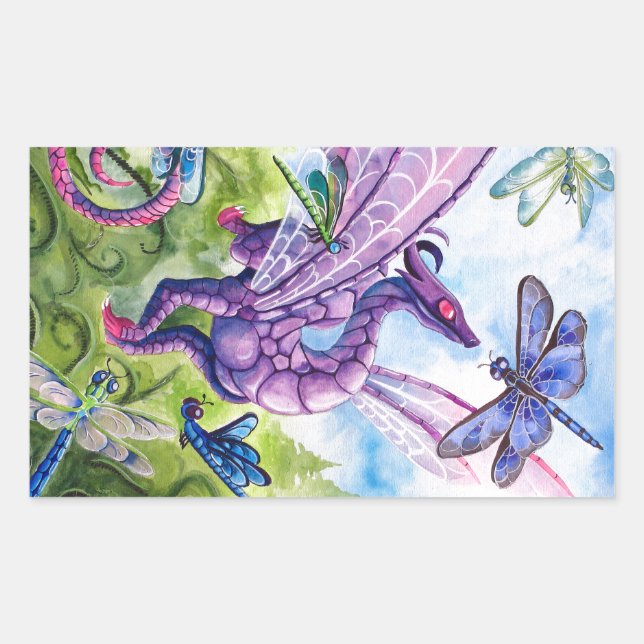 Lila Dragon Dragonfly-Frühjahrskunst Rechteckiger Aufkleber (Vorderseite)