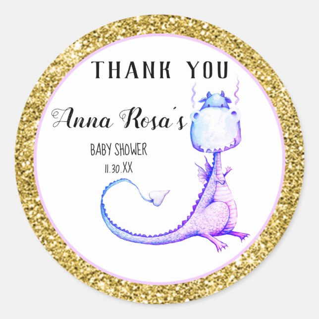 *~* Lila Dragon Glitzer Kinderdusche Vielen Dank Runder Aufkleber (Vorderseite)