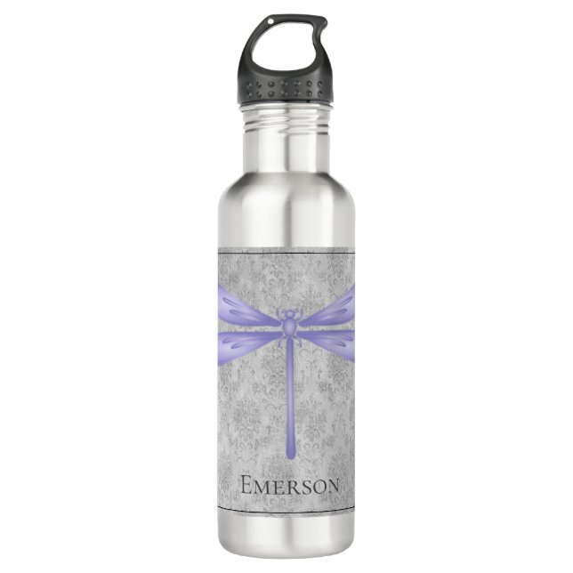 Lila Dragonfly Damask Edelstahlflasche (Vorderseite)