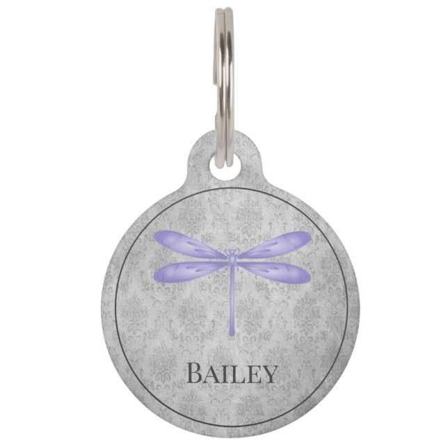 Lila Dragonfly-Damask-Runde-Tag Haustiermarke (Vorderseite)