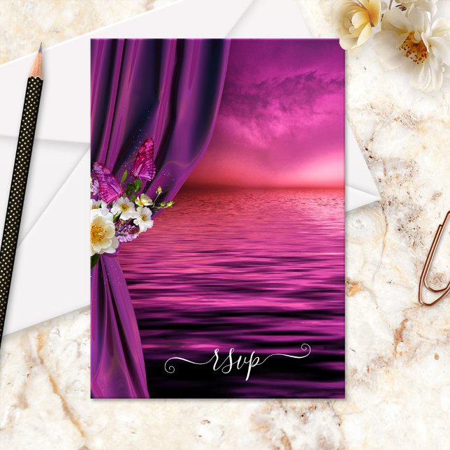 Lila Dream Ocean Butterfly Wedding RSVP Card Einladung (Wedding RSVP card featuring a fine art painting of a purple ocean with roses and butterflies)