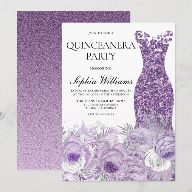 Lila Dress & Floral Quinceanera Party Einladung (Vorne/Hinten)