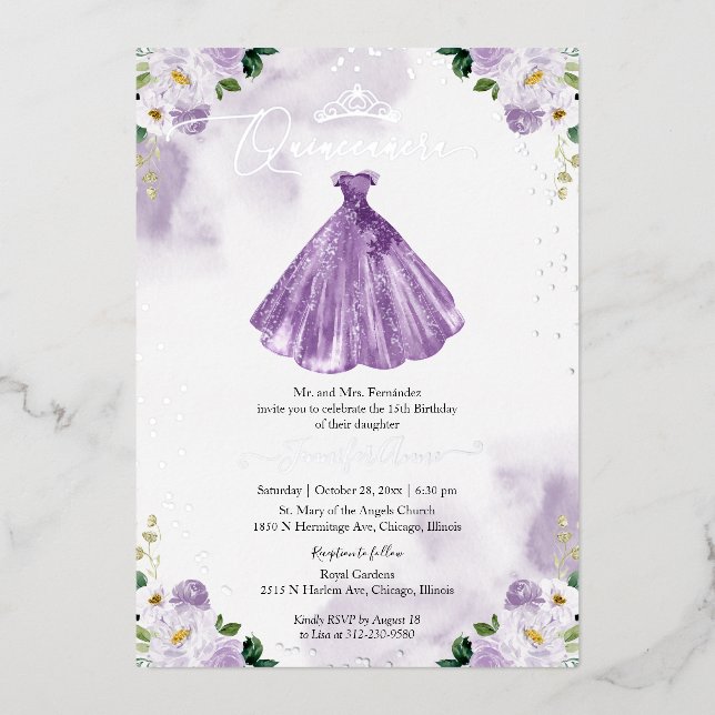 Lila Dress Quincenera Folieneinladung (Vorderseite)