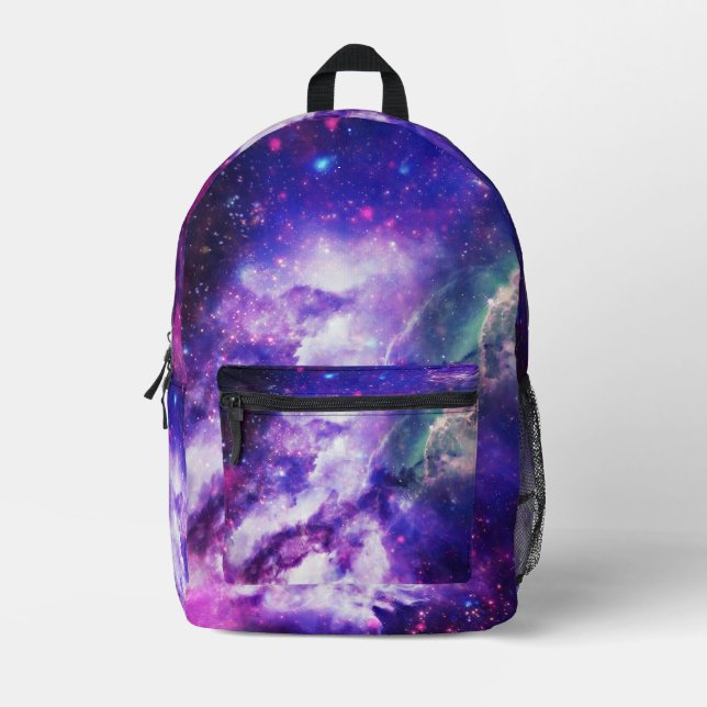 Lila druckter Rucksack aus glühender Galaxie (Vorderseite)
