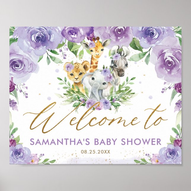 Lila Dschungeltiere Babydusche Willkommen Poster (Vorne)
