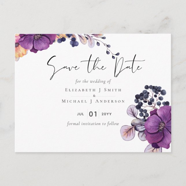 Lila Dunkle Flora Budget Hochzeiten Rett Termine Postkarte (Vorderseite)