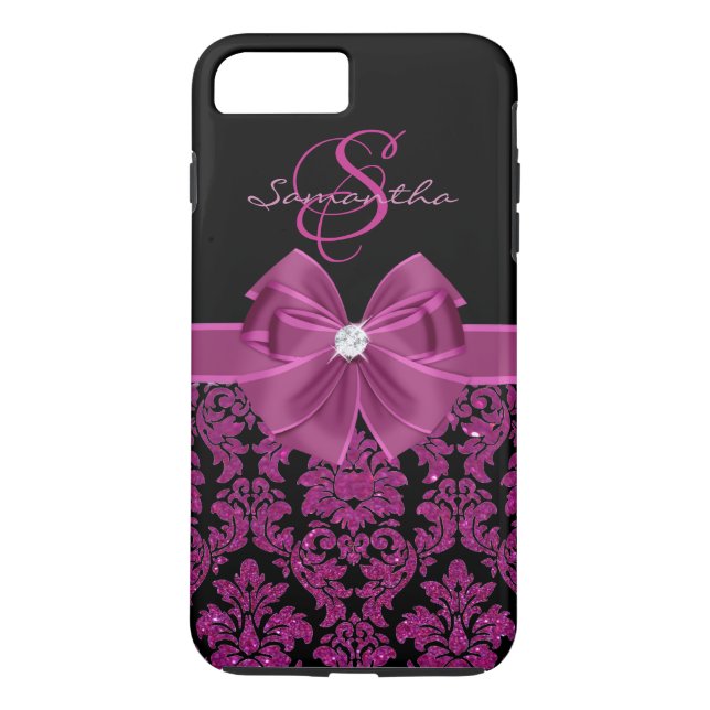 Lila dunkler Magenta Glitzer Schwarzer Damast, Bow Case-Mate iPhone Hülle (Rückseite)