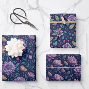 Lila dunkles Magnolienpapier und Rose Geschenkpapier Set