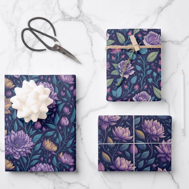 Lila dunkles Magnolienpapier und Rose Geschenkpapier Set (Vorderseite)
