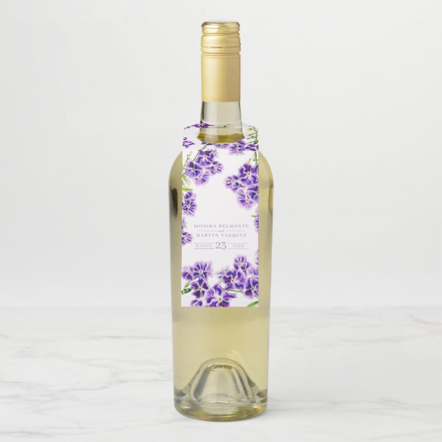 Lila Duranta Aquarell Blume Hochzeit Flaschenanhänger (Auf Flasche)