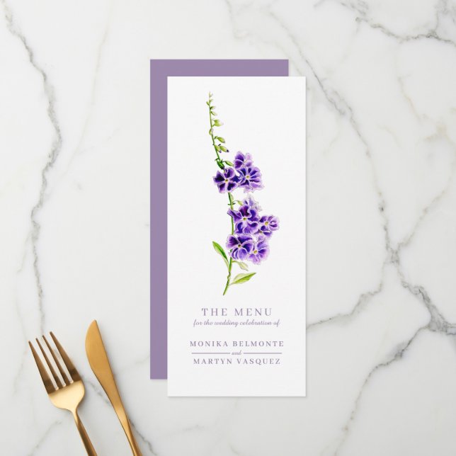 Lila duranta sky Blume Aquarellmesse Menükarte (Vorderseite/Rückseite Beispiel)