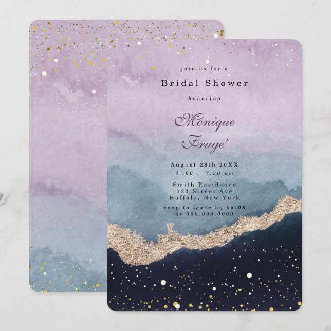 Lila Dusty Blue Agate Gold Brautparty Einladung (Vorne/Hinten)