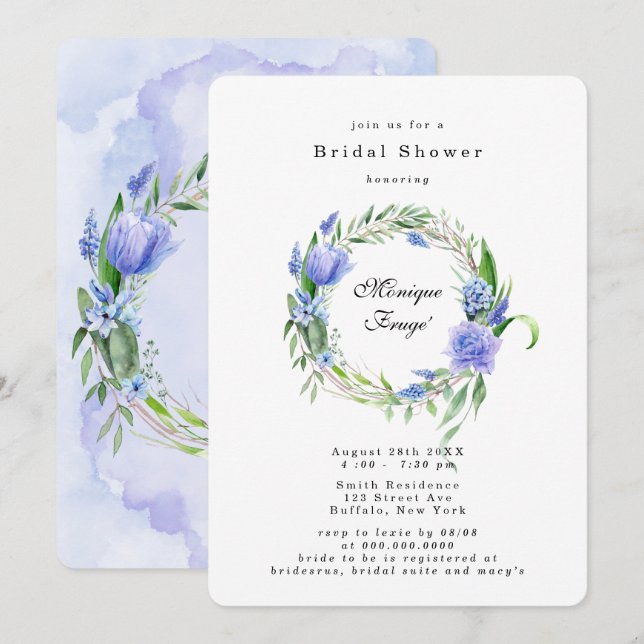 Lila Dusty Blue Hyacinth Peony Brautparty Einladung (Vorne/Hinten)