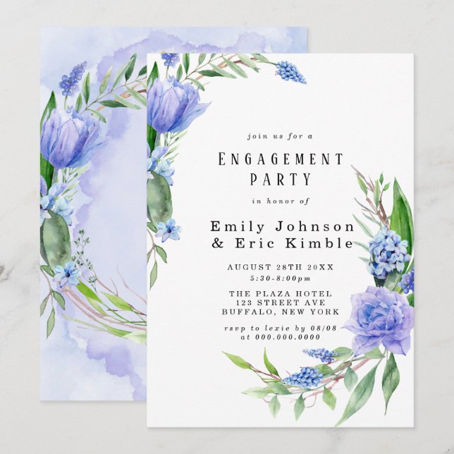 Lila Dusty Blue Hyacinth Peony Engagement Party Einladung (Vorne/Hinten)
