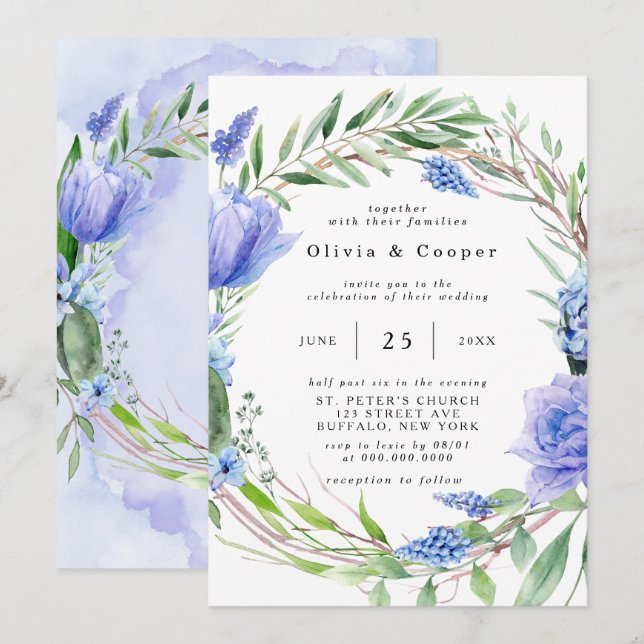 Lila Dusty Blue Hyacinth Peony Wreath Wedding Einladung (Vorne/Hinten)