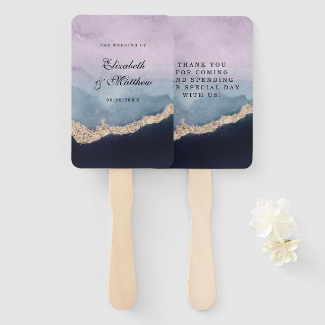 Lila Dusty Blue Navy Agate Gold Hochzeit Fächer (Vorne und Hinten)