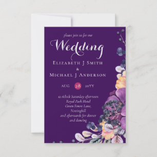 Lila Dynastie Dark Floral Budget Hochzeit lädt ein