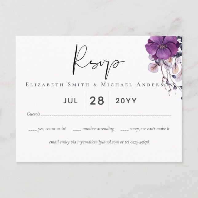 Lila Dynastie Dark Floral Budget Hochzeit RSVP Postkarte (Vorderseite)