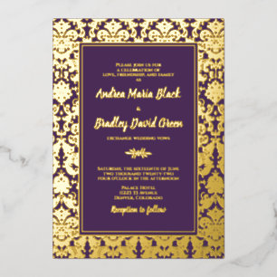 Lila Echt-Gold-Foil-Damaskus-Hochzeit Folieneinladung