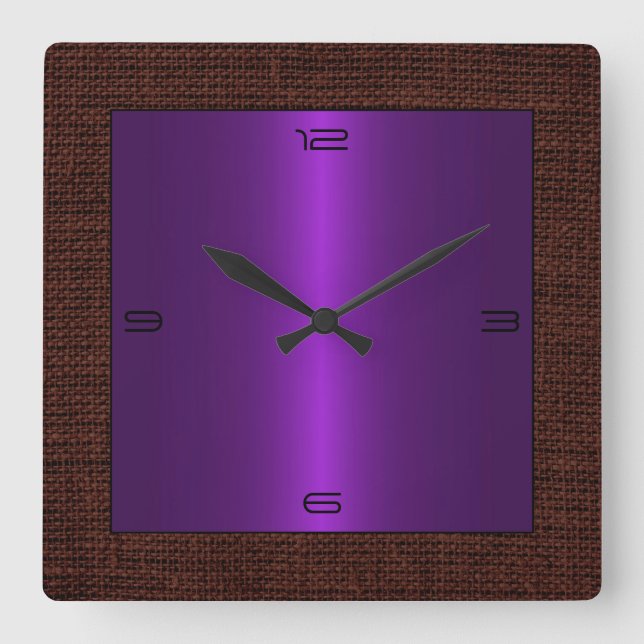 Lila Edelstahl - Modernes Burlap-Brett Quadratische Wanduhr (Vorderseite)