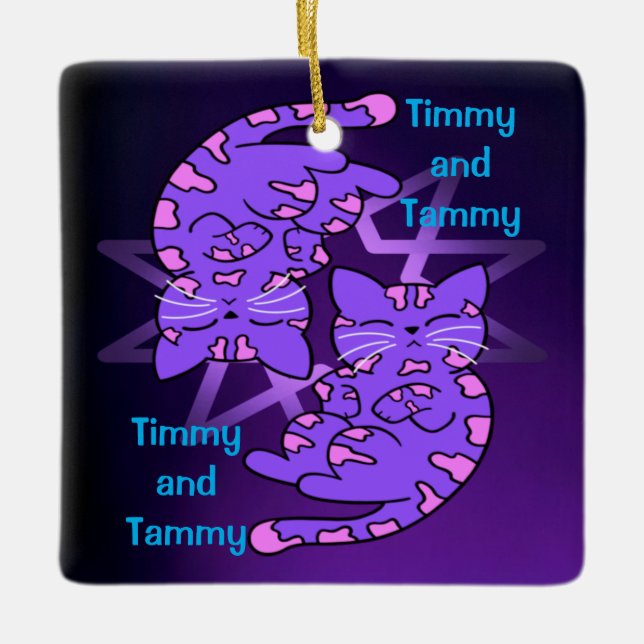 Lila Edeltini Retro Neon Kittens Keramikornament (Vorderseite)
