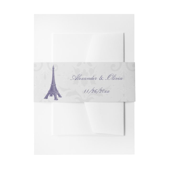 Lila Eiffelturm Damask Hochzeit Einladungsbanderole (Vorderseite Beispiel)
