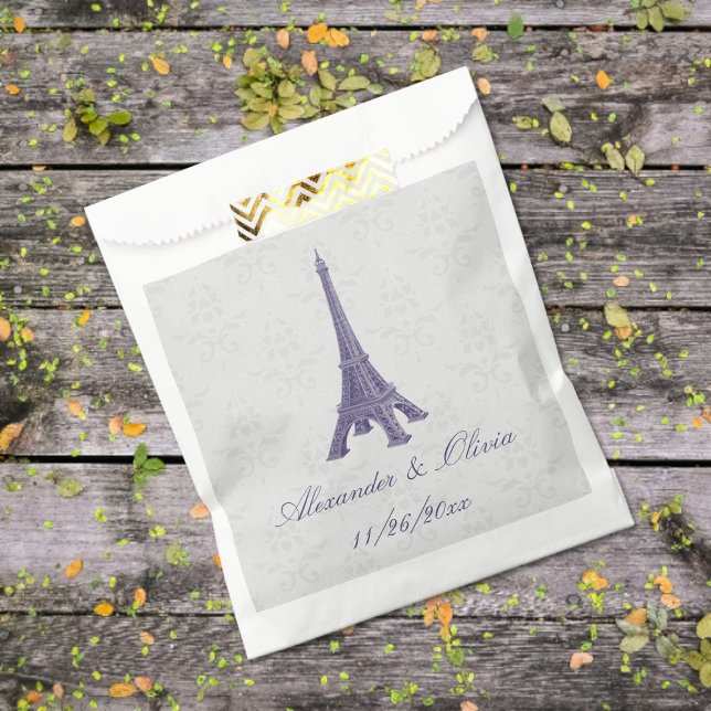 Lila Eiffelturm Damask Hochzeitsnacht Geschenktütchen (Purple Eiffel Tower Damask Wedding Favor Bags)