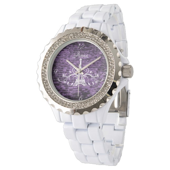 Lila Eiffelturm Grunge Watch Armbanduhr (Schrägansicht)