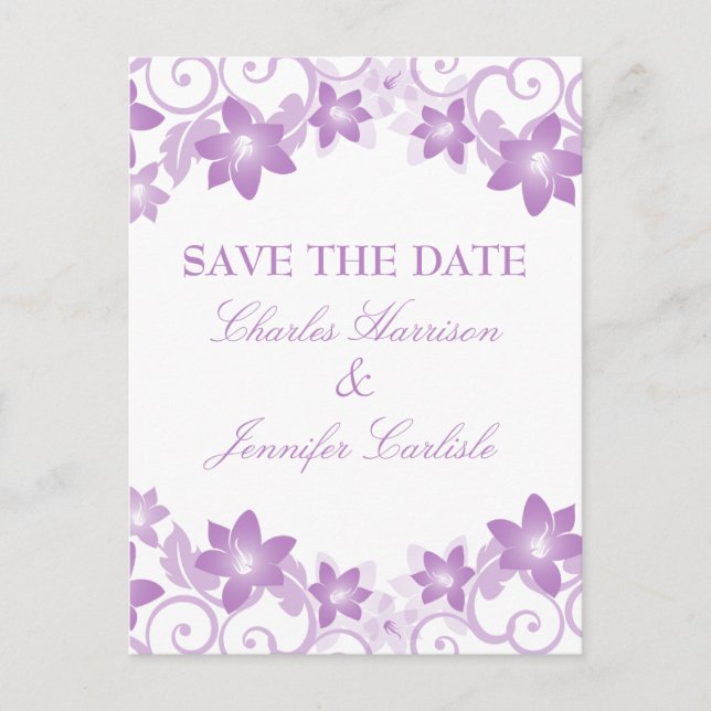 Lila einfache florale Save the Date Postkarte (Vorderseite)