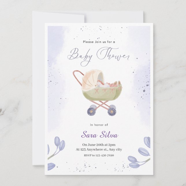Lila Einfache Minimalistische Babydusche Einladung (Vorderseite)
