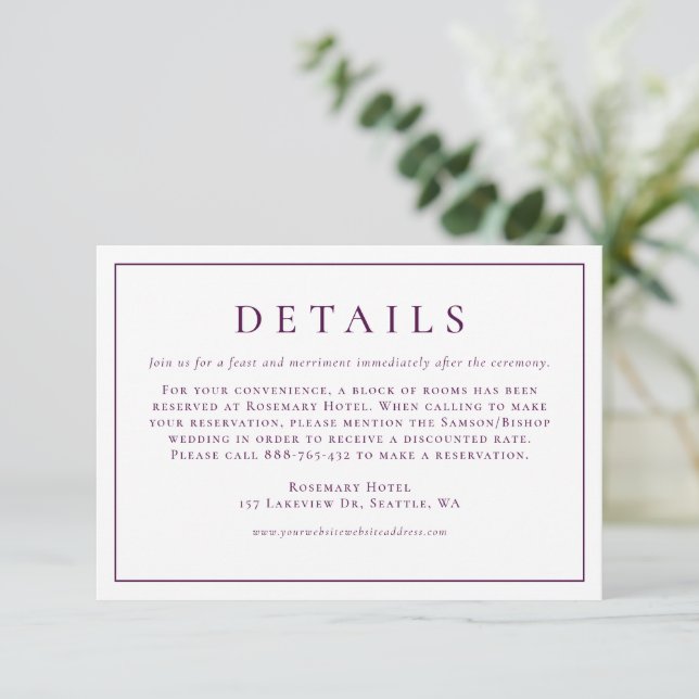Lila einfache Typografie - Angaben zur Hochzeit Begleitkarte (Stehend Vorderseite)