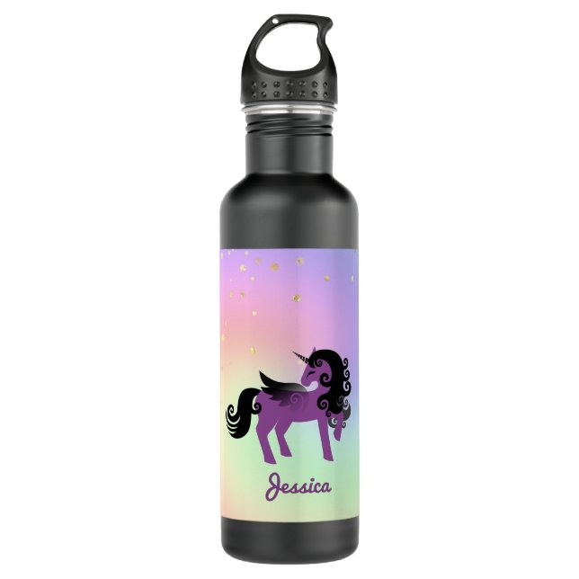 Lila Einhorn auf Pastel Rainbow and Stars Edelstahlflasche (Vorderseite)