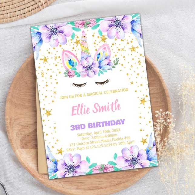 Lila Einhorn Einladung zum Geburtstag (Floral Purple Unicorn Birthday Invitations)