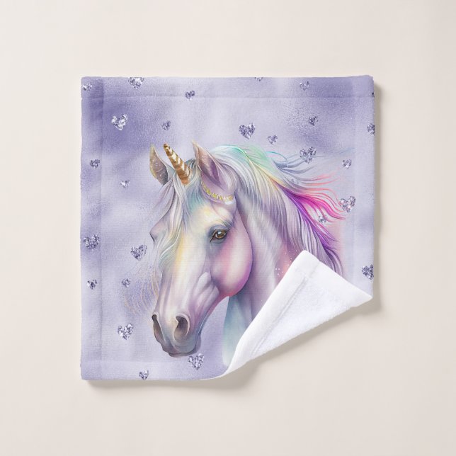 Lila Einhorn Glitzer Herz Waschlappen (Waschlappen)