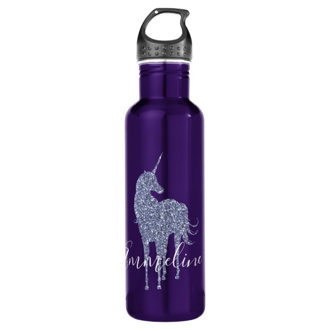 Lila Einhorn-Glitzer personalisiert Edelstahlflasche (Vorderseite)