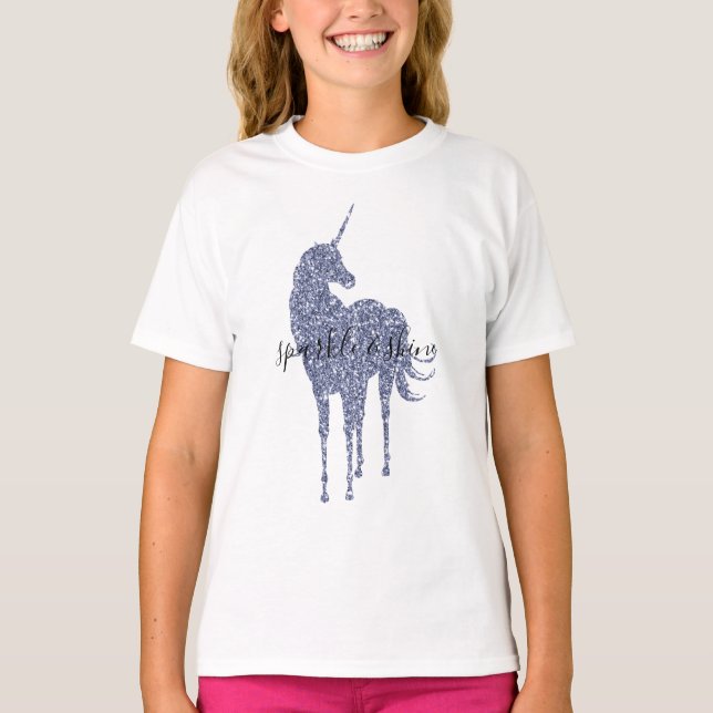 Lila Einhorn-Glitzer personalisiert T-Shirt (Vorderseite)