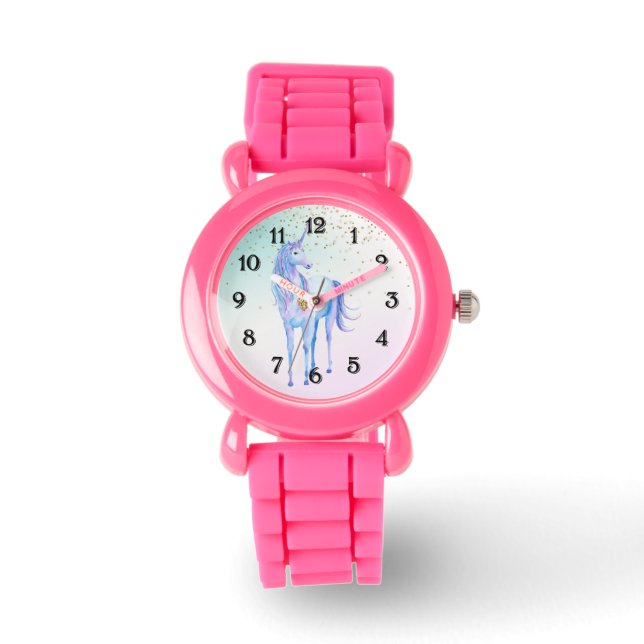 Lila Einhorn Gold Glitzer Herz Armbanduhr (Vorderseite)
