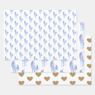 Lila Einhorn Gold Glitzer Herz Geschenkpapier Set
