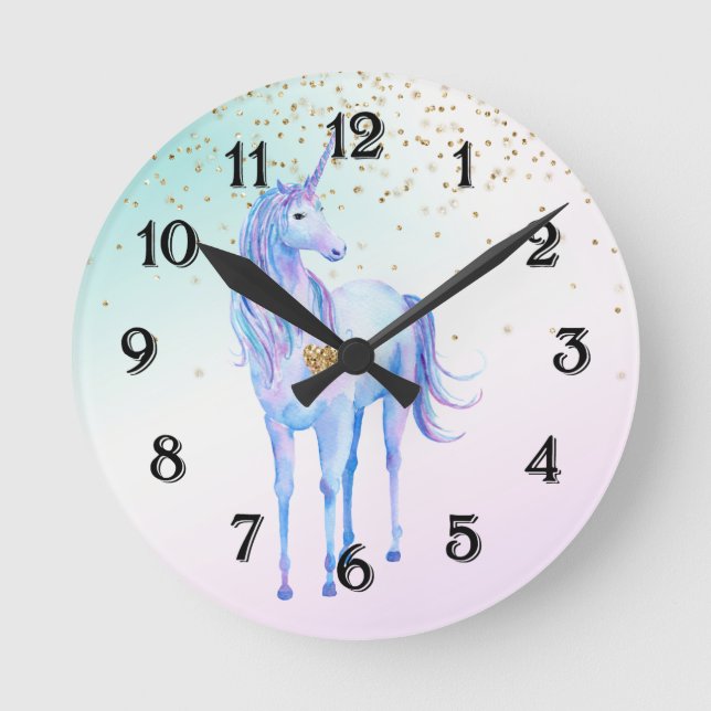 Lila Einhorn Gold Glitzer Herz Runde Wanduhr (Vorderseite)