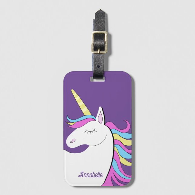 Lila Einhorn Hübsch Unicorns Fantasie Gepäckanhänger (Vorderseite Vertikal)