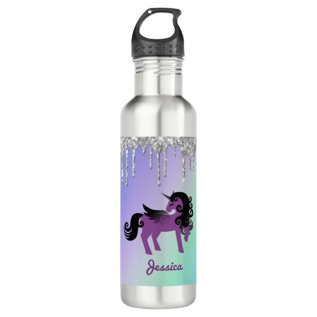 Lila Einhorn mit Glitzer auf Aquamarin und Lila Edelstahlflasche (Vorderseite)