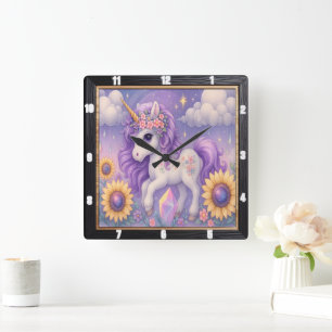 Lila Einhorn Sonnenblumenkristall Quadratische Wanduhr
