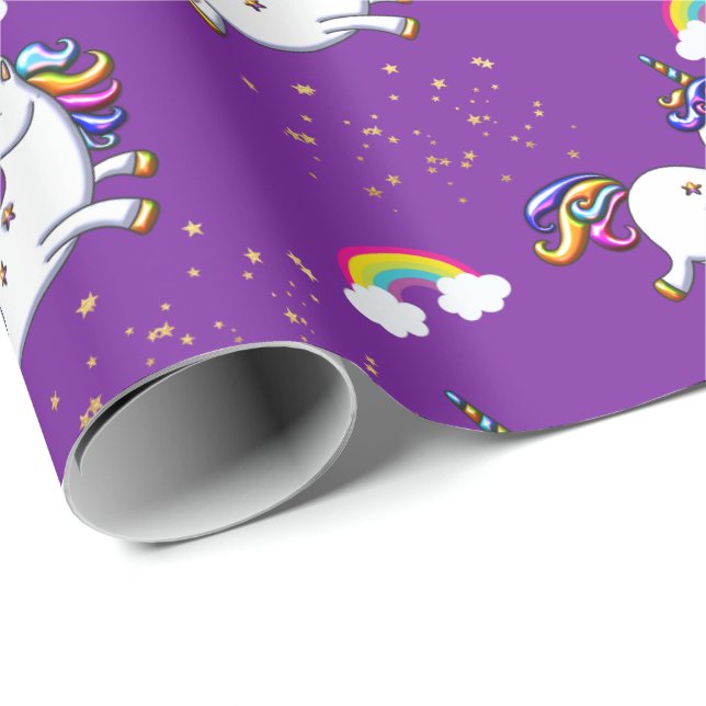 Lila Einhorn- und Goldene Sterne Geschenkpapier (Rolleneckpunkt)
