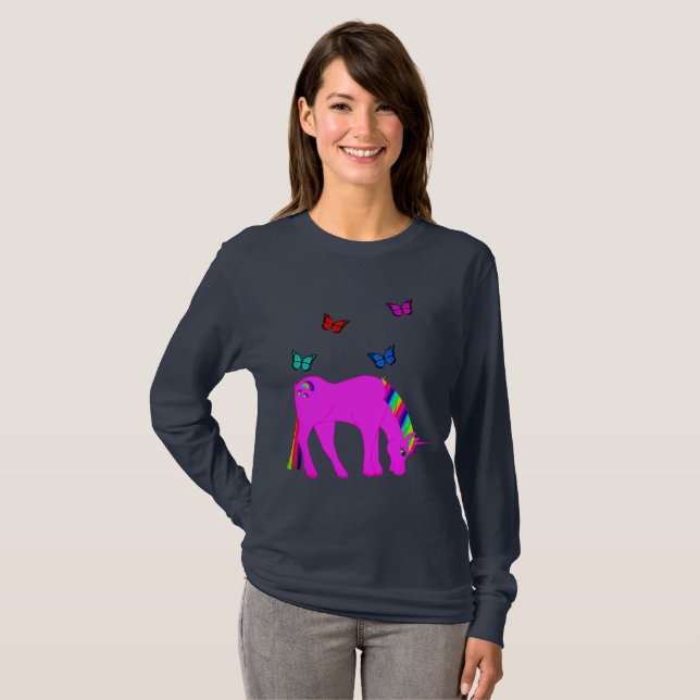 Lila Einhorn und Schmetterlinge Ladys Long Sleeve T-Shirt (Vorne ganz)