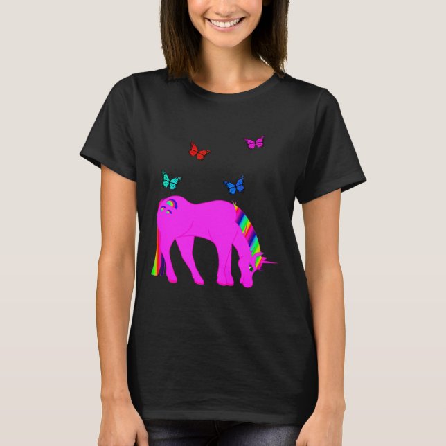 Lila Einhorn und Schmetterlinge T - Shirt der Frau (Vorderseite)