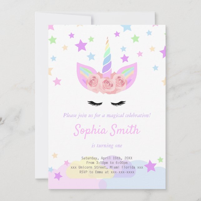 Lila Einhorngeburtseinladung Einladung (Vorderseite)